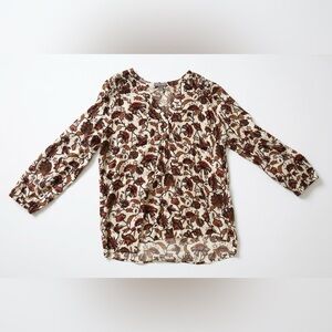 Falls Creek Floral V-Neck Long Sleeve Blouse in Cream and Brown